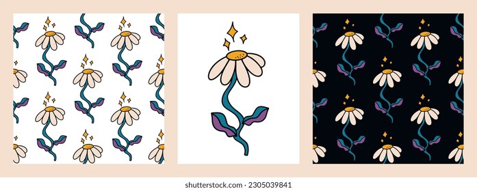 Un conjunto de patrones impecables en el estilo hippie. Patrón de flor de Groovy Retro. Fondo vectorial Boho. Impresión textil retro de la flor hippie. Impresión multicolor divertida. Papel pintado psicodélico.