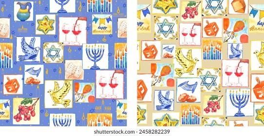 Set of seamless patterns for the holiday of Hanukkah. Painted with watercolors