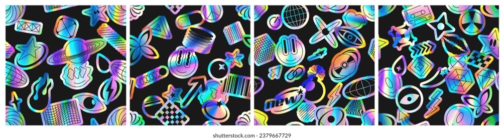 Set of seamless patterns with holographic stickers. Vibrant trendy holographic stickers with rainbow gradient effect. Y2K style vector illustration with  iridescent foil adhesive film with symbols.
