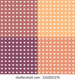 Set of seamless patterns. Homogeneous background with heart shapes. Simple geometric background. 4 different background colors. White hearts