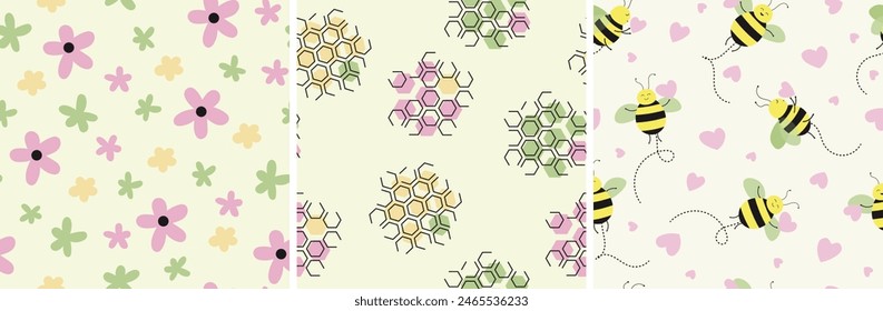 conjunto de patrones sin costuras, abeja de miel , flor, panal de abeja