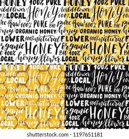 Set of seamless patterns. Honey lettering and honeycomb. Vector hand drawn illustration.