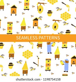 Set of seamless patterns with  honeycomb, bees, beehive, beekeeper, jar. Vector hand drawn illustration.