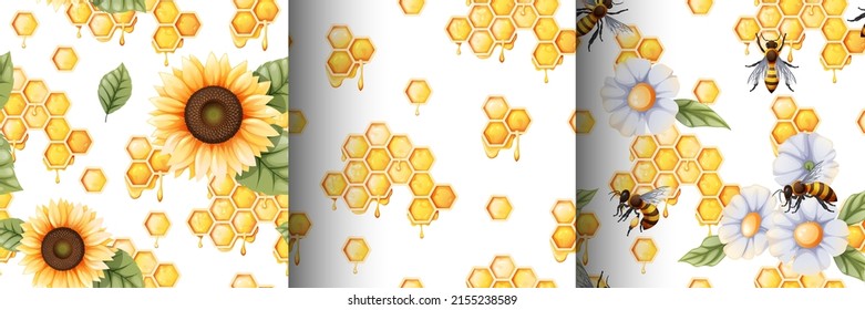 Set of seamless patterns with honeycomb, bees, sunflower, leaves, honey.Suitable for textile, paper, wallpapers, decor