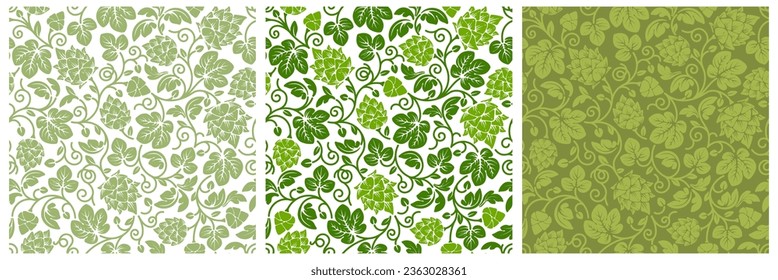 Set of seamless patterns with hop plant or malt, ripe hops cones, branches and leaves. Elegance ornament, background, decoration for beer label, packages for cosmetics etc. Vector illustration