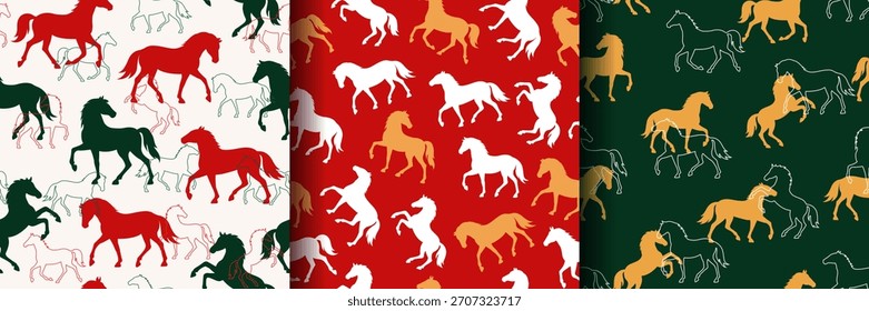 Conjunto de patrones sin costuras con siluetas de caballo sobre fondos rojos, dorados, verdes y blancos. Fondo de pantalla sin fin, repita la impresión con la cría de equinos como signo del zodiaco para el año Nuevo chino 2026 y las Navidades