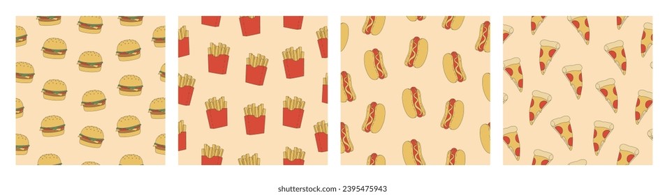 Set of seamless patterns with hot dog, burger, french fries and pizza. Cartoon elements on pink background. Vector illustration