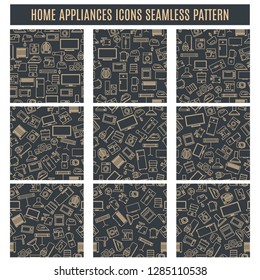 Set seamless patterns from household appliances icons of thin lines, vector illustration.