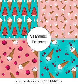 Set of seamless patterns with ice cream and fruits. Vector illustration