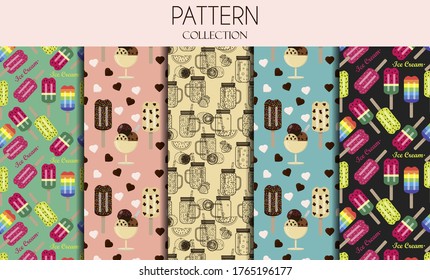 Un conjunto de motivos impecables con helados y refrescos. Patrón suave dibujado a mano con diferentes tipos de helados. Textura de Doodle con postres dulces. Entorno perfecto para la cafetería  