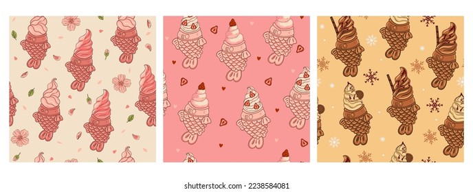 Set of seamless patterns with ice cream in taiyaki fish. Vector graphics.