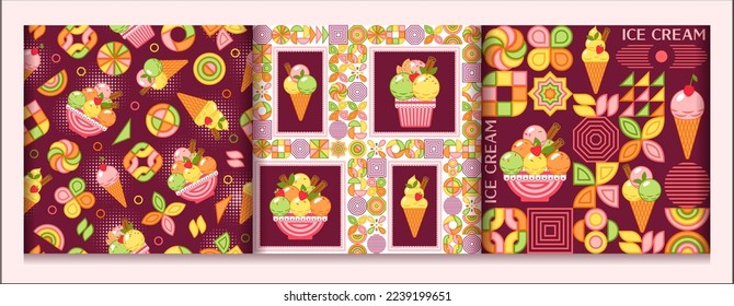 Conjunto de patrones sin fisuras con helado, formas geométricas abstractas, texto. Mosaico de estilo minimalista. Para impresiones, ropa, diseño de superficie, decoración de cocina.