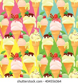 Set of seamless patterns with Ice cream cones with glaze, Chocolate, strawberry and cherry, on pink, blue, green, yellow backgrounds