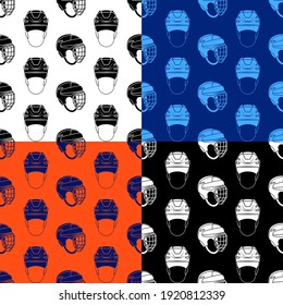 set of seamless patterns with ice hockey helmets. Ice hockey field player protective gear. Ornament for decoration and printing on fabric. Design element. Vector