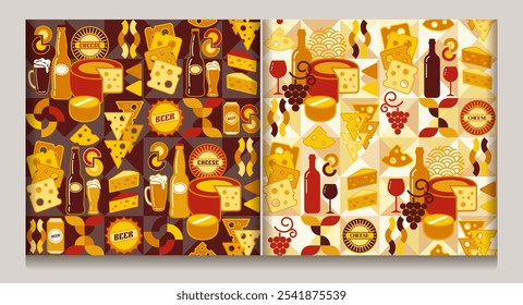 Set of seamless patterns with icons of Cheese, beer, wine, abstract shapes in flat simple geometric style. Mosaic background behind.