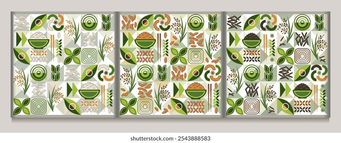 Conjunto de patrones sin fisuras con iconos de arroz blanco, negro, marrón, Formas geométricas sobre fondo de mosaico. Para la marca, decoración del paquete de alimentos, impresiones
