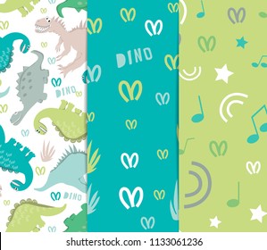 Set of seamless patterns. Illustration of dinosaurs in pastel colors. To create a collection of children's clothing, bed linen, fabrics. Style of comics and cartoons