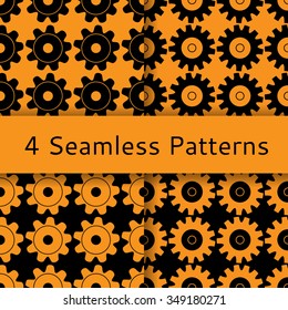 Set of seamless patterns with the image of gears of black and orange color