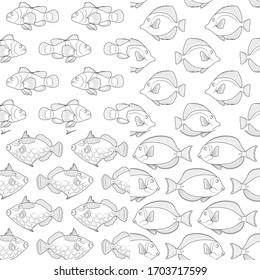 Set of seamless patterns with the image of tropical fish. Black and white vector background.