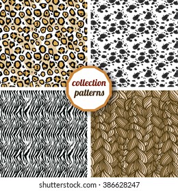 Set of seamless patterns with the image  zebra, Dalmatian, leopard and braids.Can be used for design  fabric, wallpaper, wrapping paper.