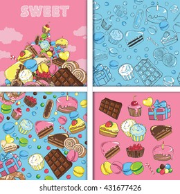 Set of seamless patterns and images of sweets