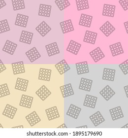 A set of seamless patterns imitating Belgian waffles. On backgrounds of light pastel colors