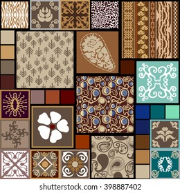 Set of seamless patterns inspired by Indian arts. Paisleys flowers, roses, floral and geometric ornaments. Ethnic textile collection. Brown, beige, blue shadows.

