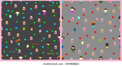 Set of seamless patterns for International Children's Day. June 1 Gray background. Funny children, balloons, bears, hearts. Banner, background, wrapping paper, wallpaper, cover 