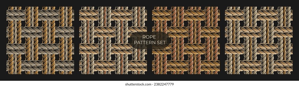 Set of seamless patterns with interwoven ropes. Mat, rug with traditional basket weave with three cords. Burlap weave. Vintage style. Not AI