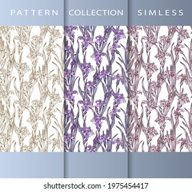 Set of seamless patterns with iris flowers on a white background. Patterns for scrapbooking, printing, gift wrapping, fabric. Vector image.