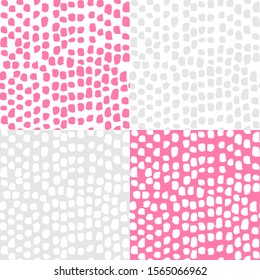Set of seamless patterns with irregular spots. Sketchy hand drawn graphic for design of fabric print, paper card, table cloth, fashion.
