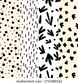 Set of seamless patterns. Isolated. Vector. A distinctive hand drawing style, doodle style. Circles, leaves, lines.