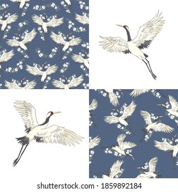 Set of seamless patterns with Japanese cranes for Your design