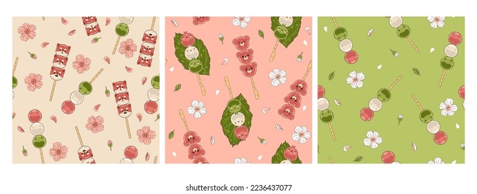 Set of seamless patterns with Japanese dango dessert. Vector graphics.