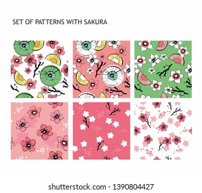 Set of seamless patterns in Japanese style with the image of cherry blossoms. Vector image