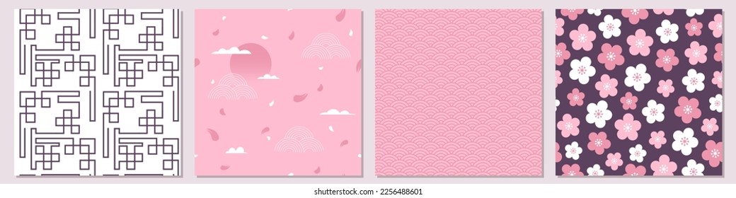 Set of seamless patterns in Japanese style. Beginning of spring, cherry blossoms. Vector illustration of pink, purple background. Asian oriental flowers, cute background.