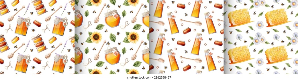 Set of seamless patterns with jar of honey, sunflower, bees and honey.Great for textile, fabric, paper wallpaper.