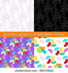 Set of seamless patterns with  jelly beans candy, their outline on the white and colorful backgrounds 