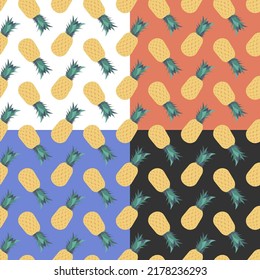 Set of seamless patterns with juicy ripe pineapple. Harvesting tropical fruits. Ornament for decoration and printing on fabric. Design element. Vector