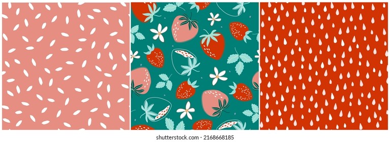 A set of seamless patterns with juicy strawberries. Fruity summer natural print. Healthy vegetarian food. Vector graphics.