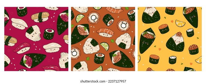 Set of seamless patterns with kawaii sushi and onigiri. Vector graphics.