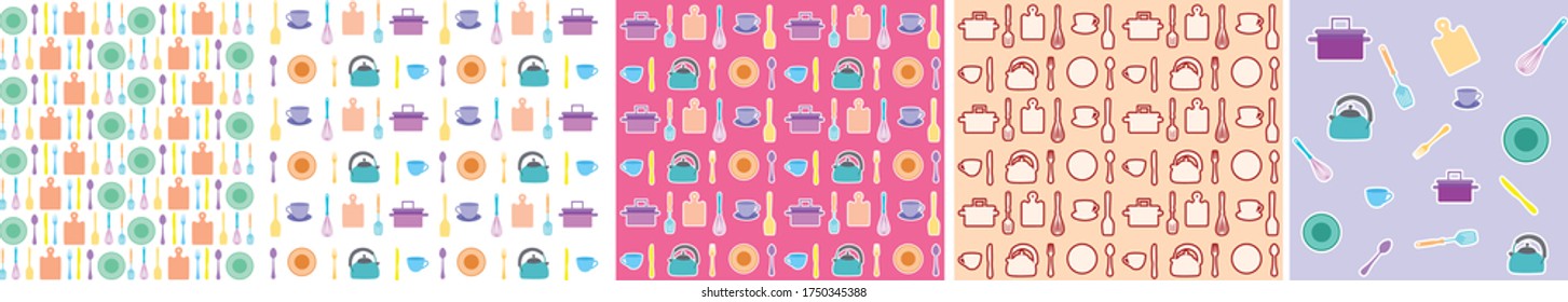 set of seamless patterns with kitchen tools