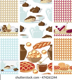 Set of seamless patterns kitchen utensils baking