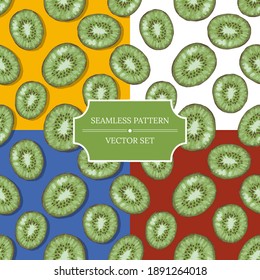 Set of seamless patterns with kiwi fruit. Vector illustrations for designing posters, wallpaper, background, fabric, textile, cafe, restaurant, resort, exotic, packaging