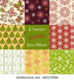 Set of seamless patterns with lacy flowers, butterflies and leaves