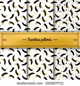 Set of seamless patterns with lashes and gold stars. The element of the corporate style of salon eyelash extensions. Vector template packaging design beauty products