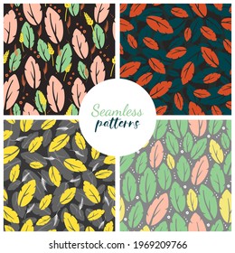 Set seamless patterns with leaves. Background with vector elements. Leaves are yellow, pink, green, orange and blue with twigs. Design over gray background. For printing on fabric, covers and cushions