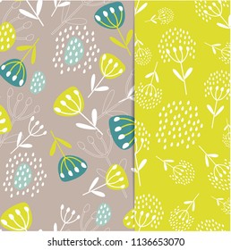 Set of seamless patterns with leaves and flowers. Botanical illustration. Tropical background with exotic plants. Fabric design, Wallpaper, textiles, books, printing, magazine