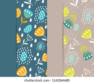 Set of seamless patterns with leaves and flowers. Botanical illustration. Tropical background with exotic plants. Fabric design, Wallpaper, textiles, books, printing, magazine