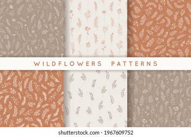 Set of seamless patterns with leaves, herbs, wildflowers. Hand drawn backgrounds in earth tones, nature beauty. Fashion rustic prints for fabric, wrapping, wedding invitations. Vector illustration.